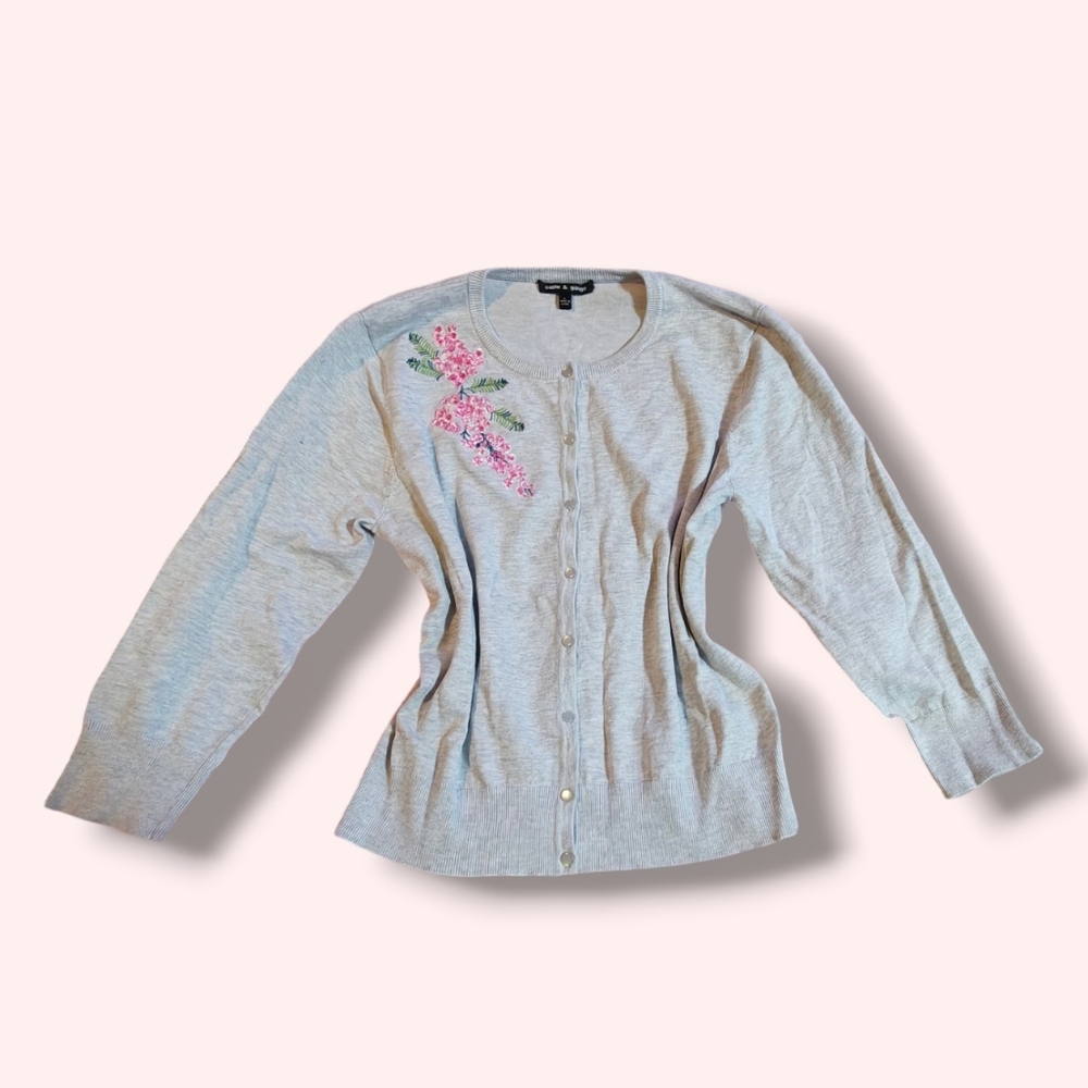 Cable & Gauge Light Gray Cardigan with Pink Floral Embroidery